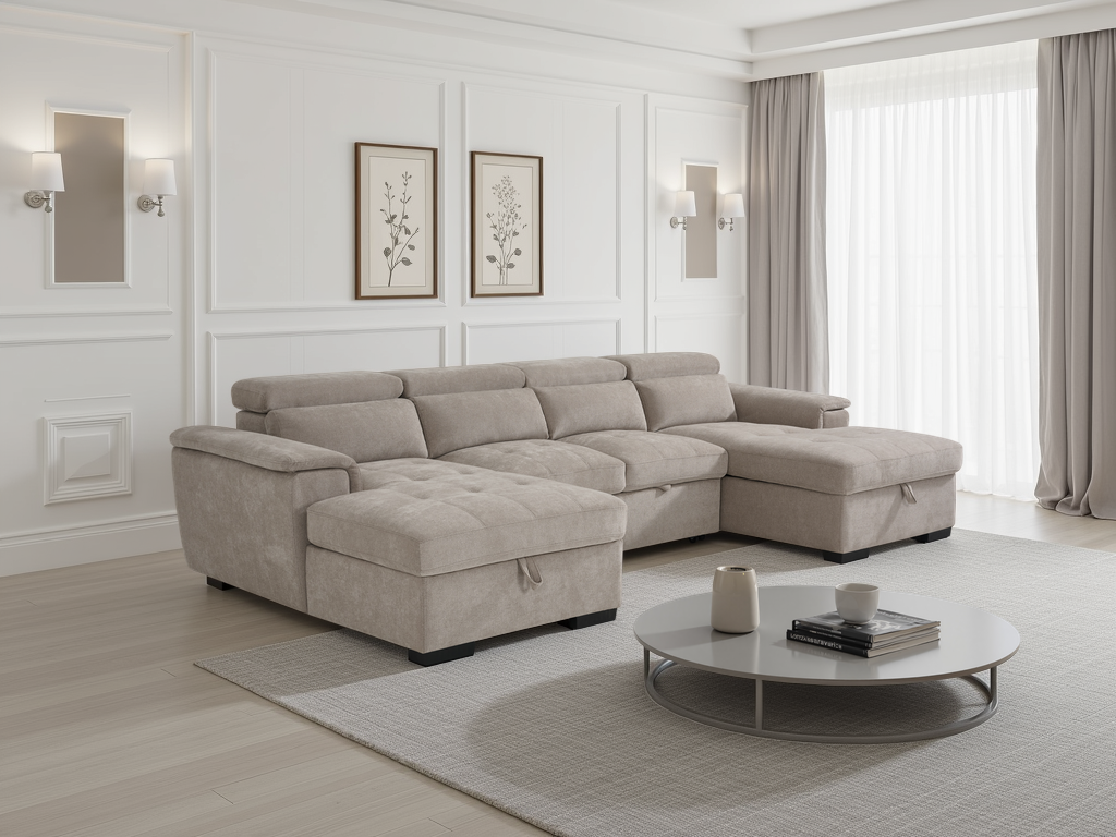 Modern living room with a beige sectional sofa, coffee table, and decorative elements.