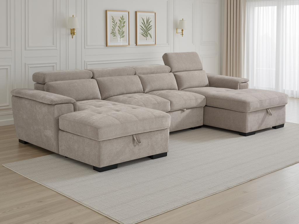 Beige sectional sofa with ottoman in a room with white walls and light wood flooring.