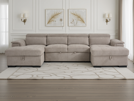 Beige sectional sofa in a living room with decorative wall art and rug.