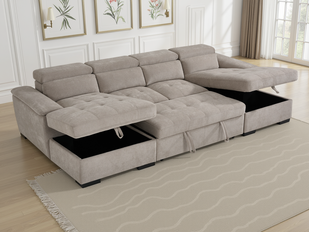 Gray sectional sofa with storage compartments in a living room setting.