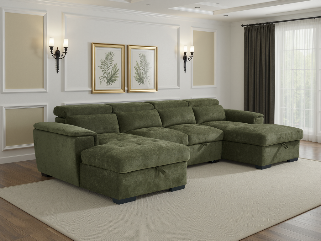 Green sectional sofa in a living room with decorative elements.