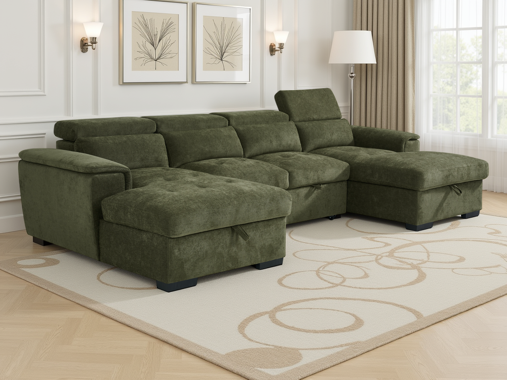 Green sectional sofa in a living room with decorative elements.