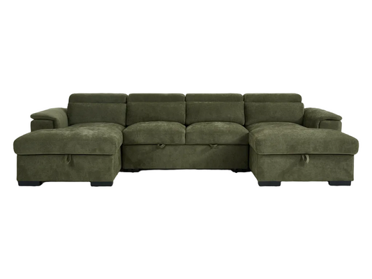 An olive green sectional sofa with a left-facing chaise and a right-facing ottoman, shown against a plain white background.