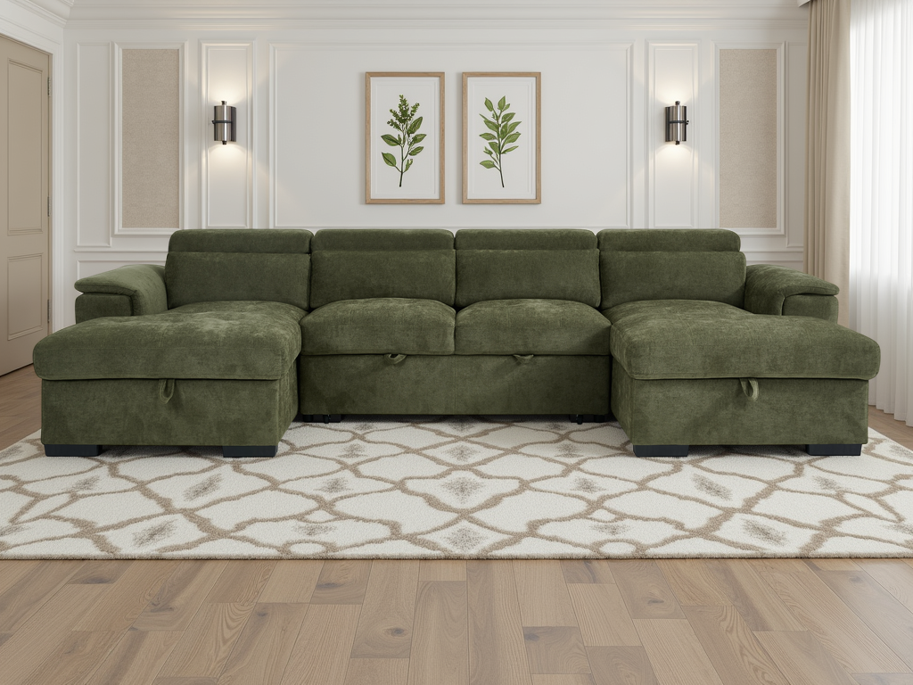 Green sectional sofa in a living room with decorative elements.