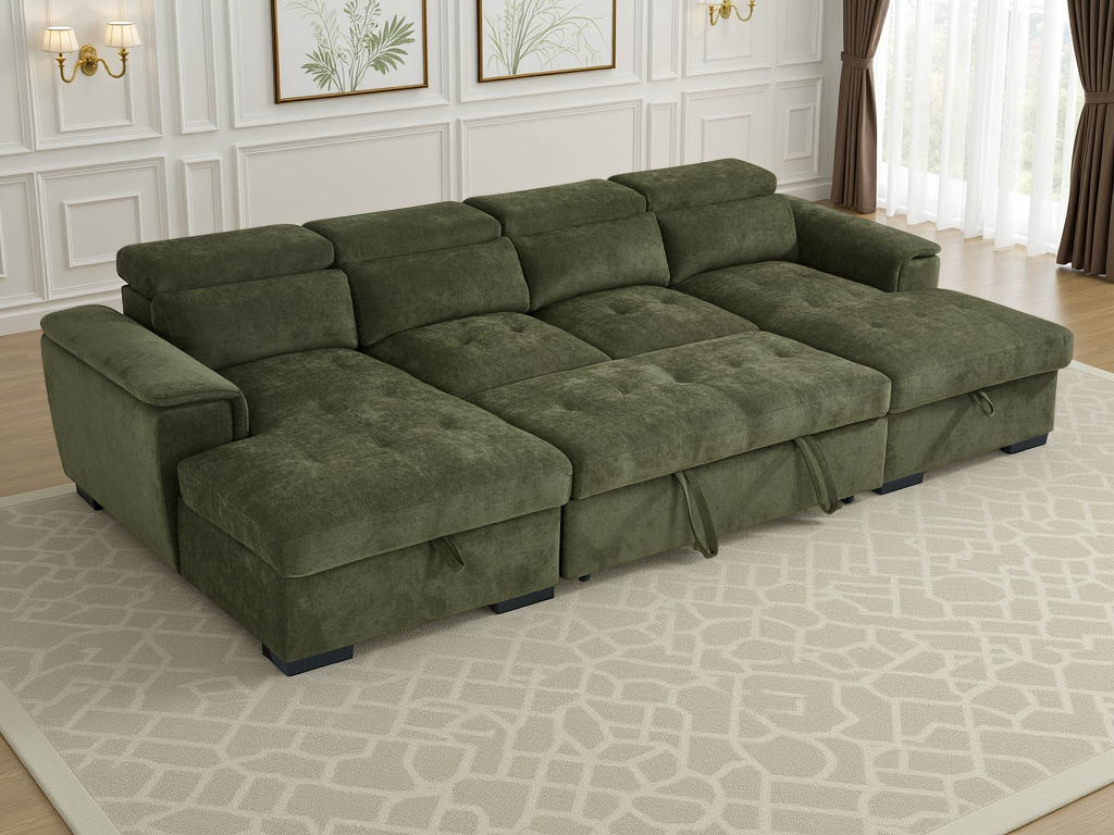 Green sectional sofa in a living room setting with decorative elements.