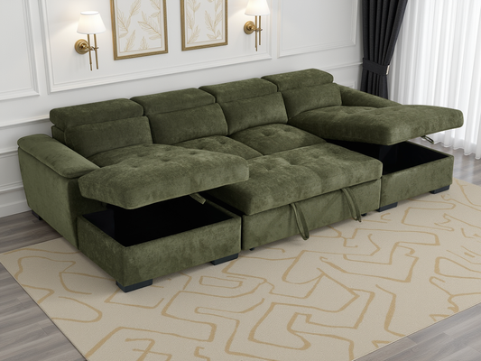 Green sectional sofa with storage drawers in a room with white walls and decorative elements.