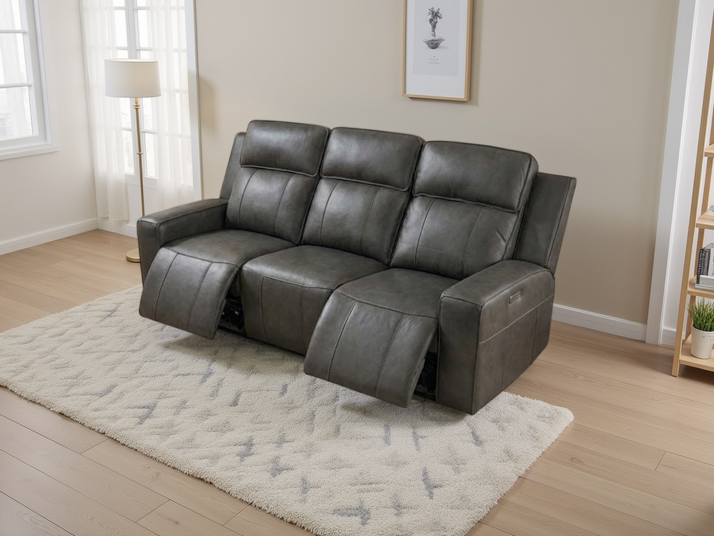 Gray leather sofa in a living room setting with a lamp and rug.