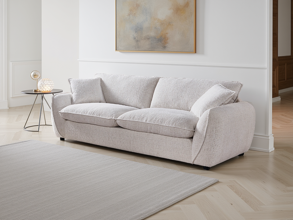 Gray sofa in a modern living room with abstract art on the wall.