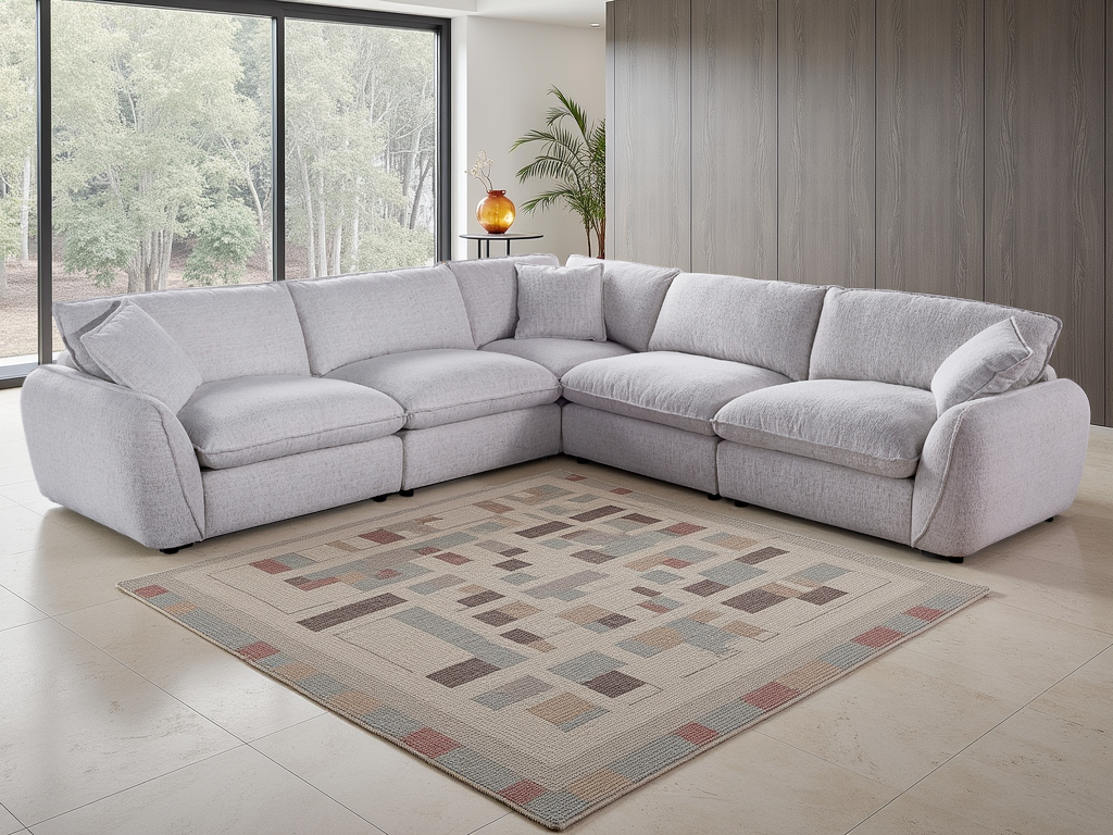 Beige sectional sofa in a living room with a patterned rug and large windows.