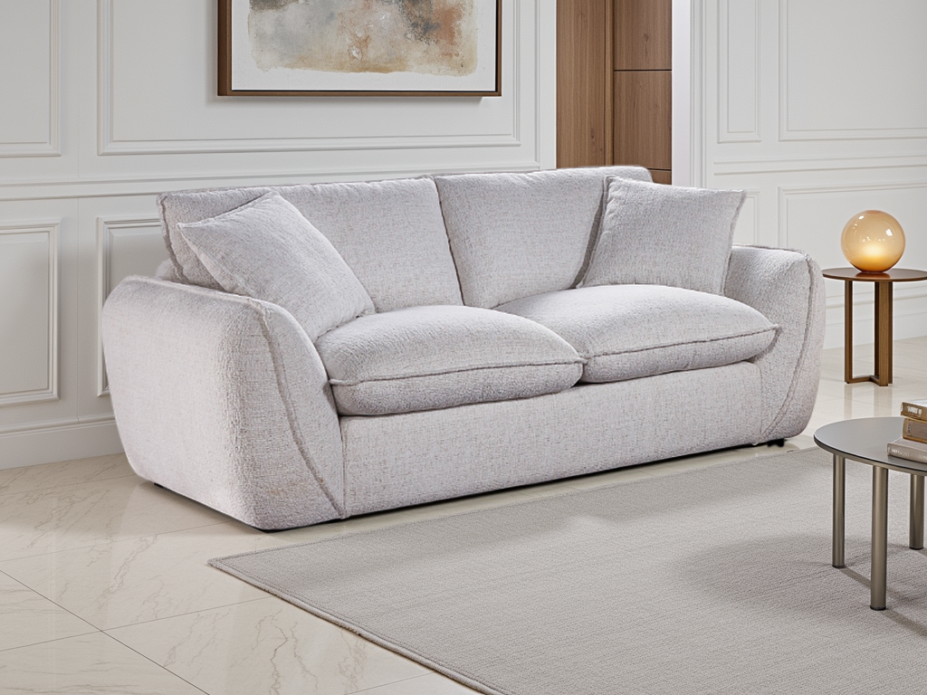 Beige sofa in a modern living room with a side table and abstract art on the wall.
