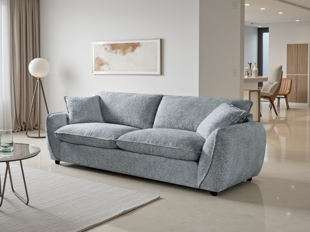 Gray sofa in a modern living room with a neutral color palette