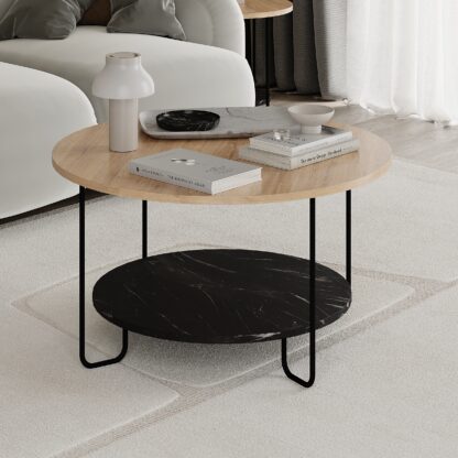 Round coffee table with wooden top and black marble shelf in a living room setting.