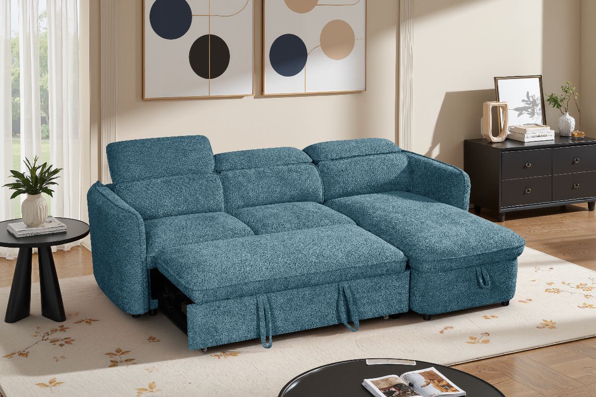Blue sectional sofa in a living room setting with coffee table.
