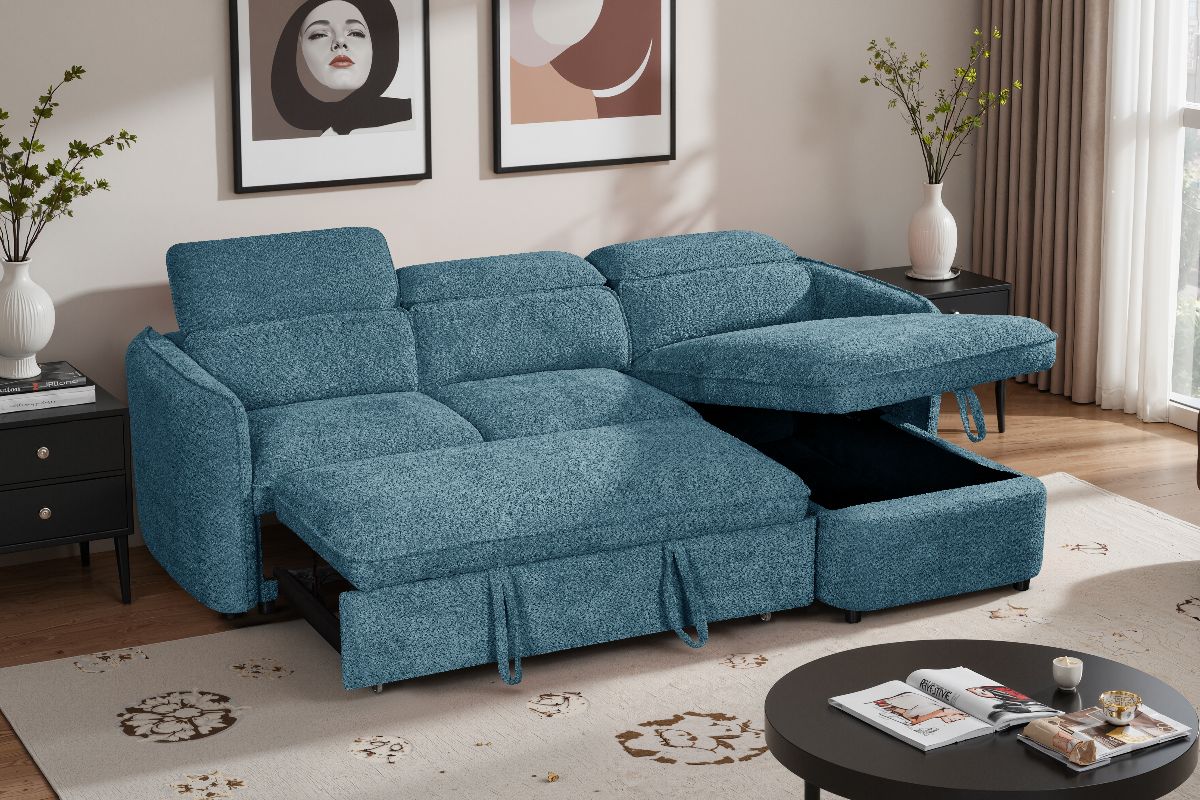 Blue sectional sofa with storage drawers in a living room setting.