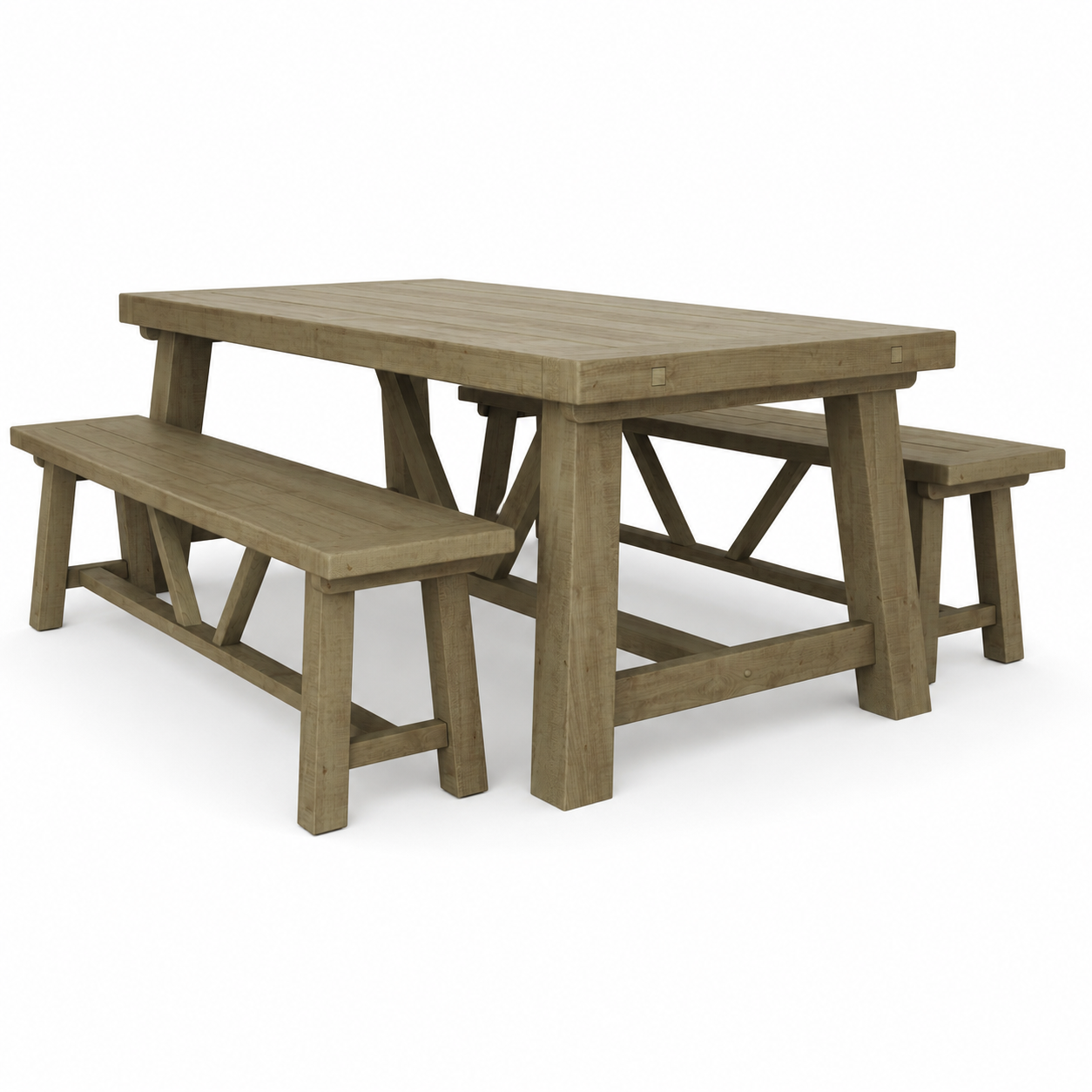 Saltash 2m solid reclaimed pine dining table with rustic trestle frame, displayed with matching benches on a white background