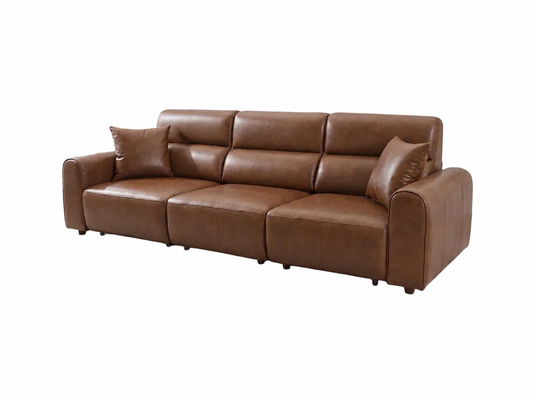 Conway brown electric three-seater sofa with matching cushions on a white background