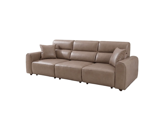 A three-seater leather sofa in a taupe brown color, featuring two matching throw pillows, shown against a plain white background.