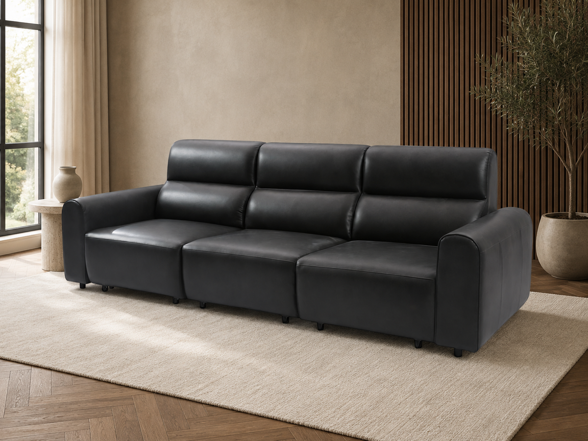 Conway black electric three-seater sofa displayed in a contemporary living room