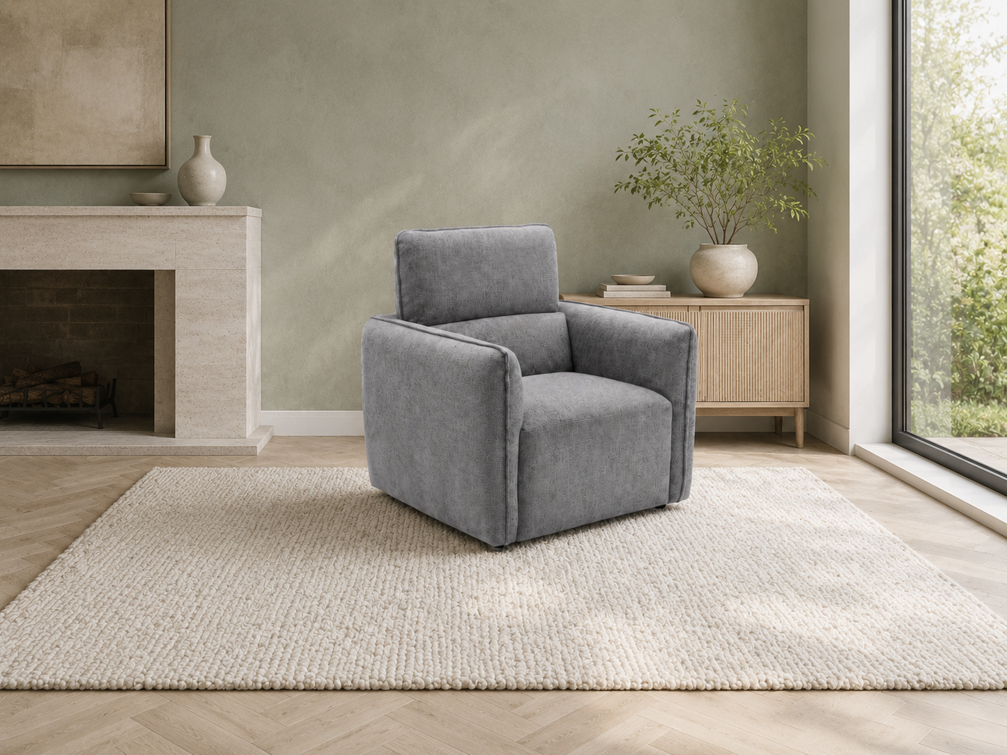 Ascot grey fabric armchair in a warm contemporary living room