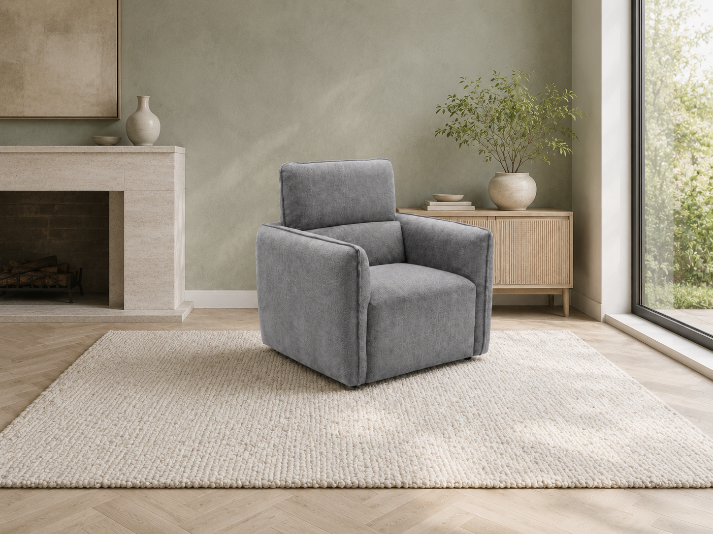 Ascot grey fabric armchair in a warm contemporary living room