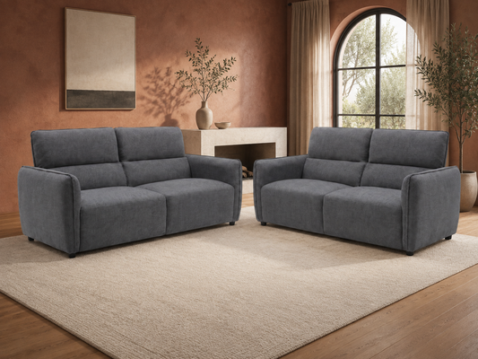 Ascot charcoal three and two-seater sofa set in a warm contemporary living room