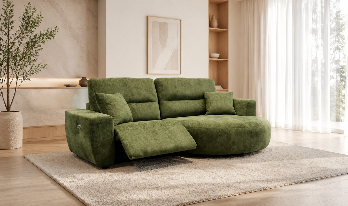 Denver green right-hand electric recliner corner sofa in a modern living room