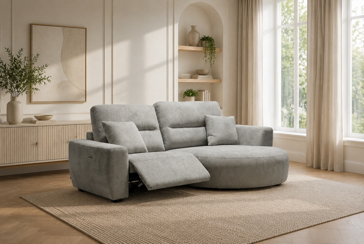 Denver grey right-hand electric recliner corner sofa in a modern living room