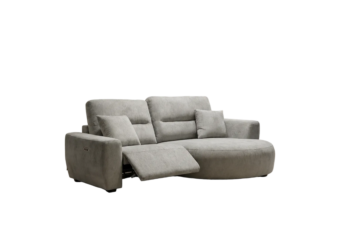 Denver grey right-hand electric recliner corner sofa on a white background 