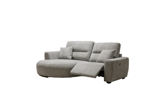 A light gray fabric reclining chaise lounge sofa on a white background