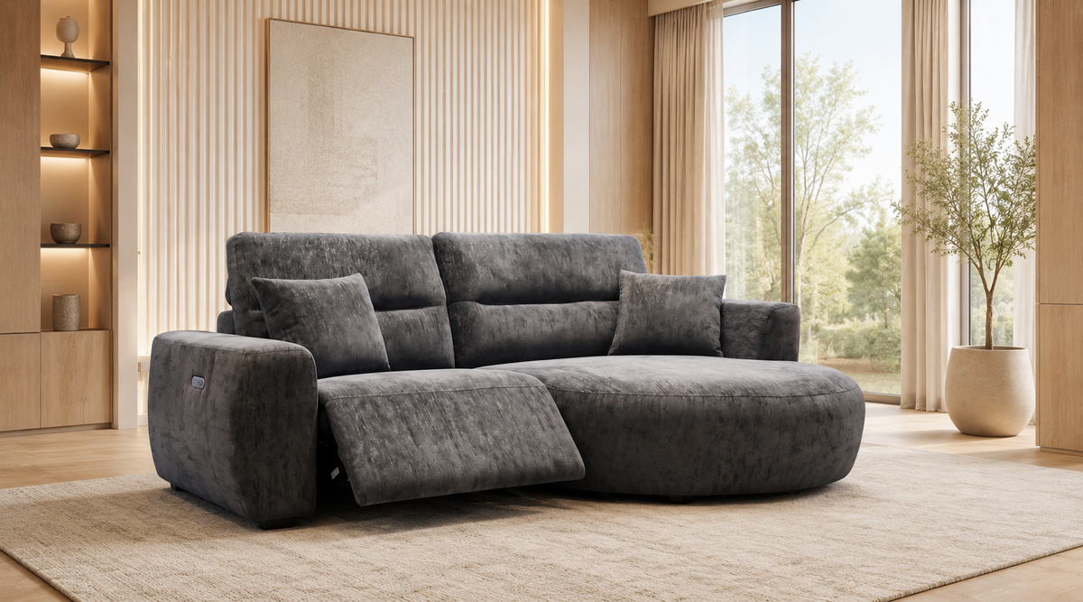 Denver black right-hand electric recliner corner sofa in a modern living room