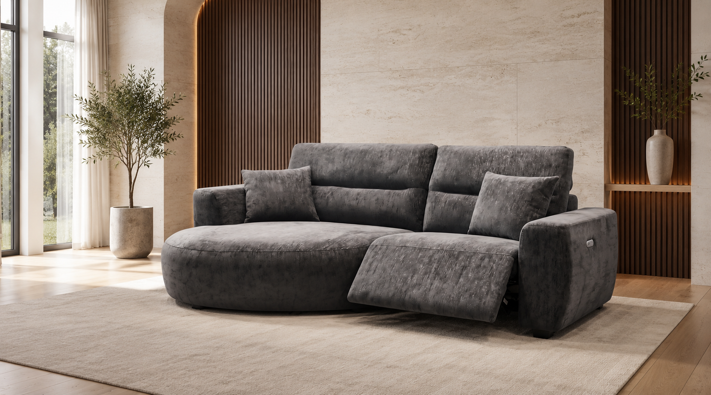 Shop the Denver black left-hand electric recliner corner sofa, featuring soft fabric upholstery and spacious seating. Dimensions: 229 × 141 cm.