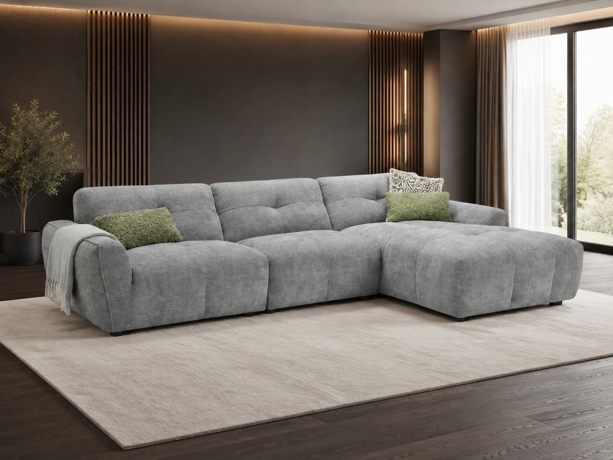 Montana grey right-hand corner sofa with a spacious chaise and deep cushioned fabric seating