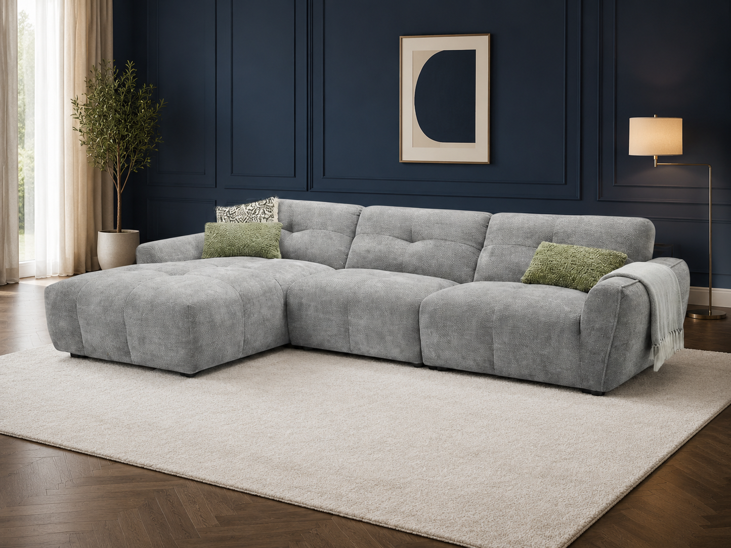 Montana grey left-hand corner sofa with spacious chaise and deep cushioned fabric seating