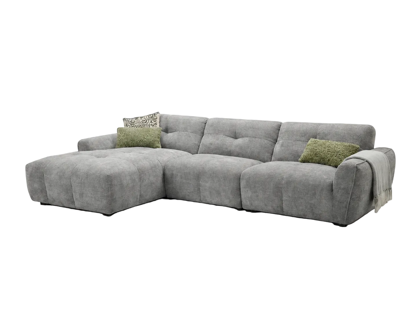 A modern L-shaped sectional sofa upholstered in textured light gray fabric, featuring a chaise lounge on the left, against a plain white background.