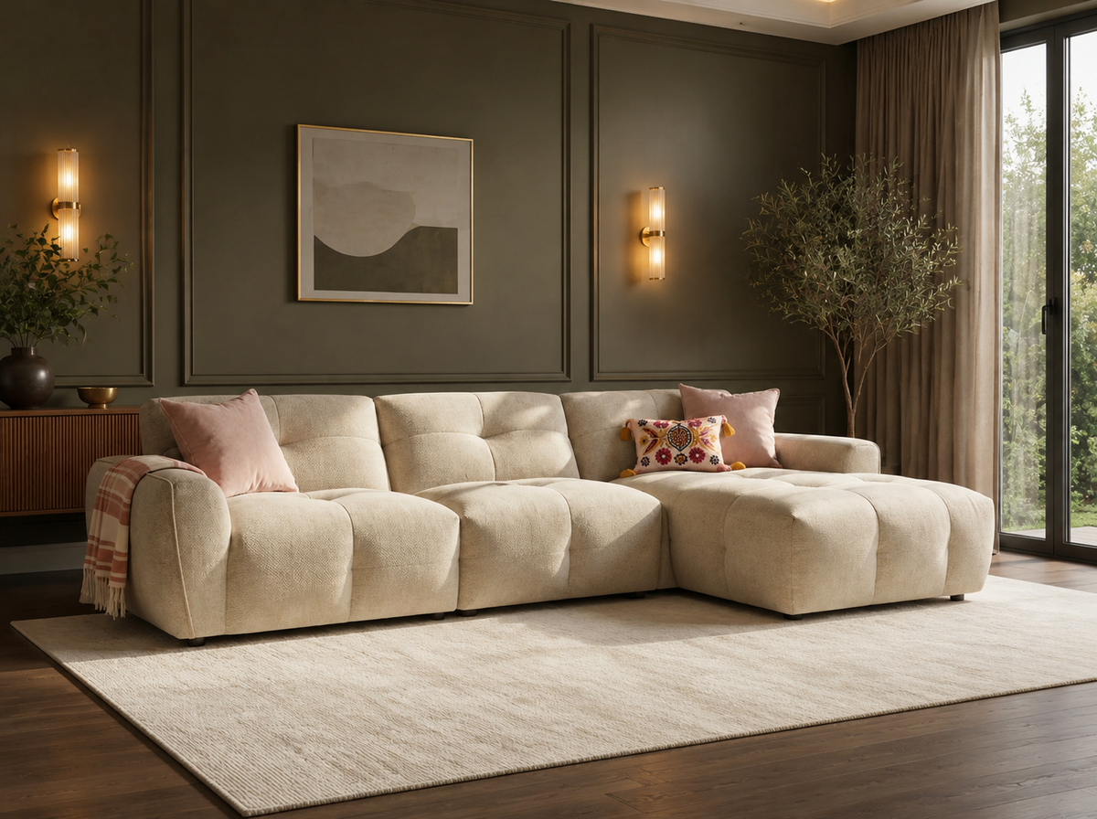 A modern tufted sectional sofa in a warm beige fabric, styled in a contemporary living room with a dark green paneled wall.