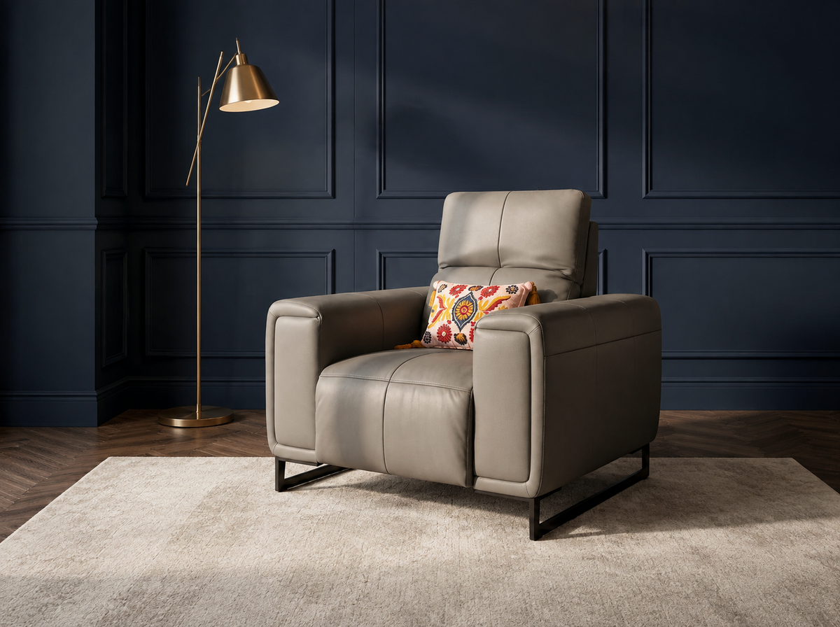 Richmond grey electric recliner armchair with quilted upholstery, adjustable headrest and metal legs