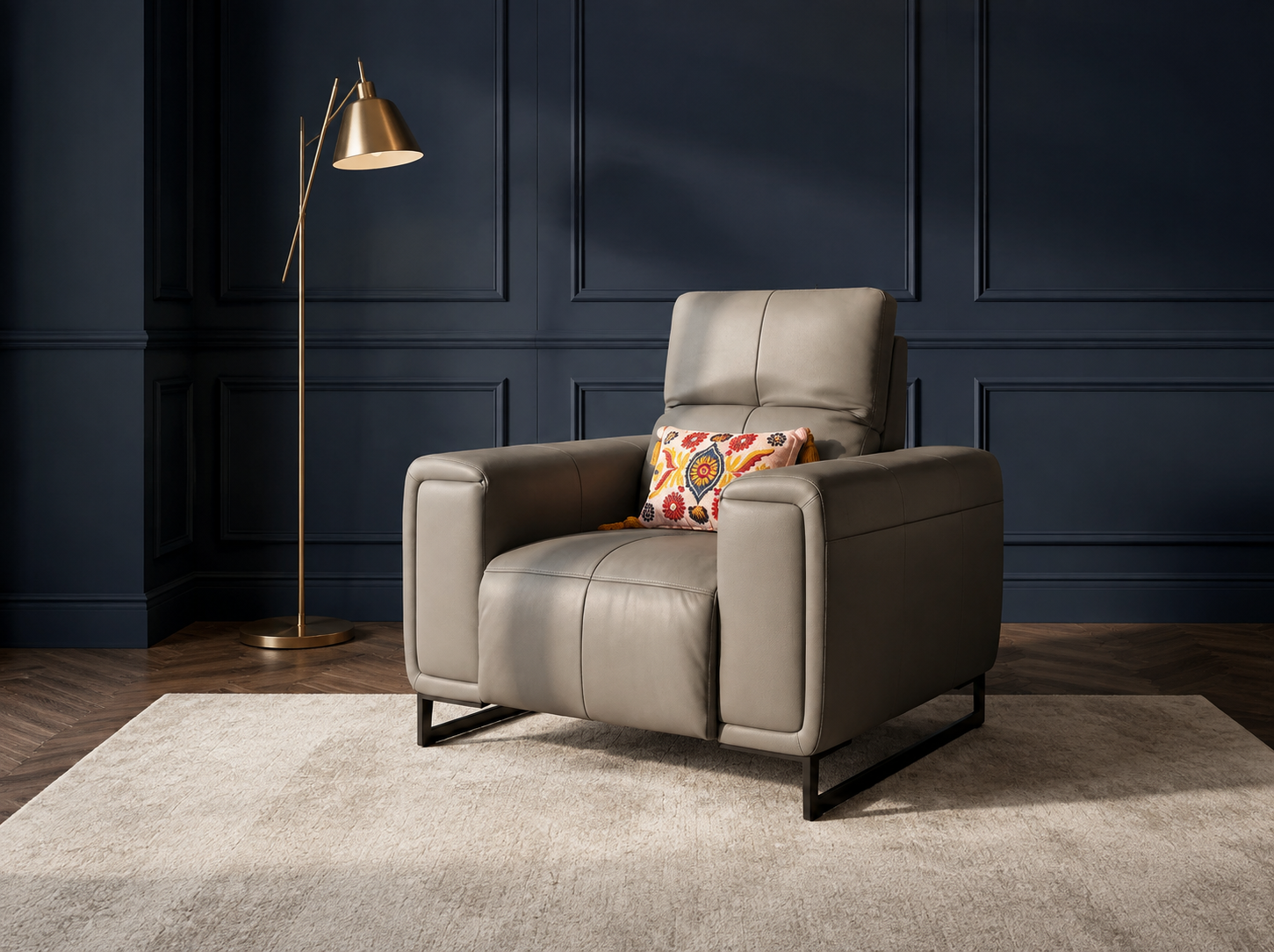 Richmond grey electric recliner armchair with quilted upholstery, adjustable headrest and metal legs