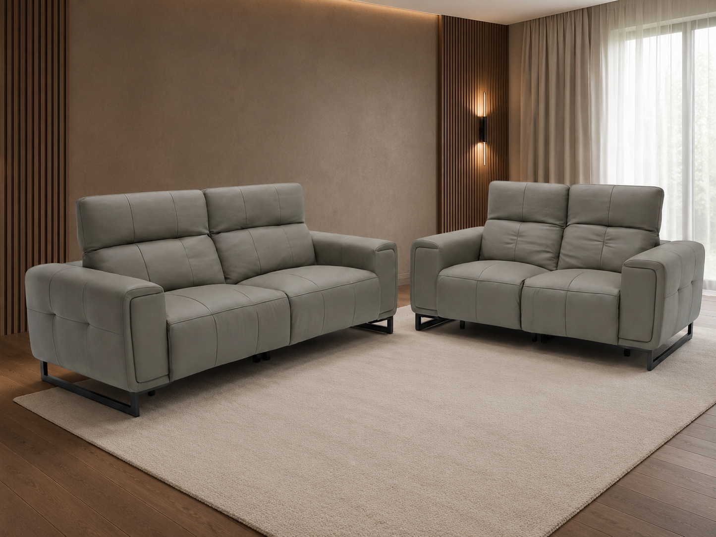 Richmond grey electric recliner three-seater and two-seater sofa set with quilted upholstery and adjustable headrests