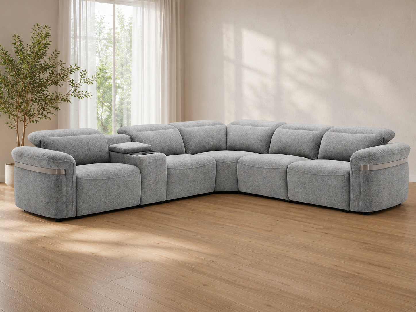 Bicester grey large corner sofa with electric recliners, LED lighting, adjustable headrests and polished metal arm trim