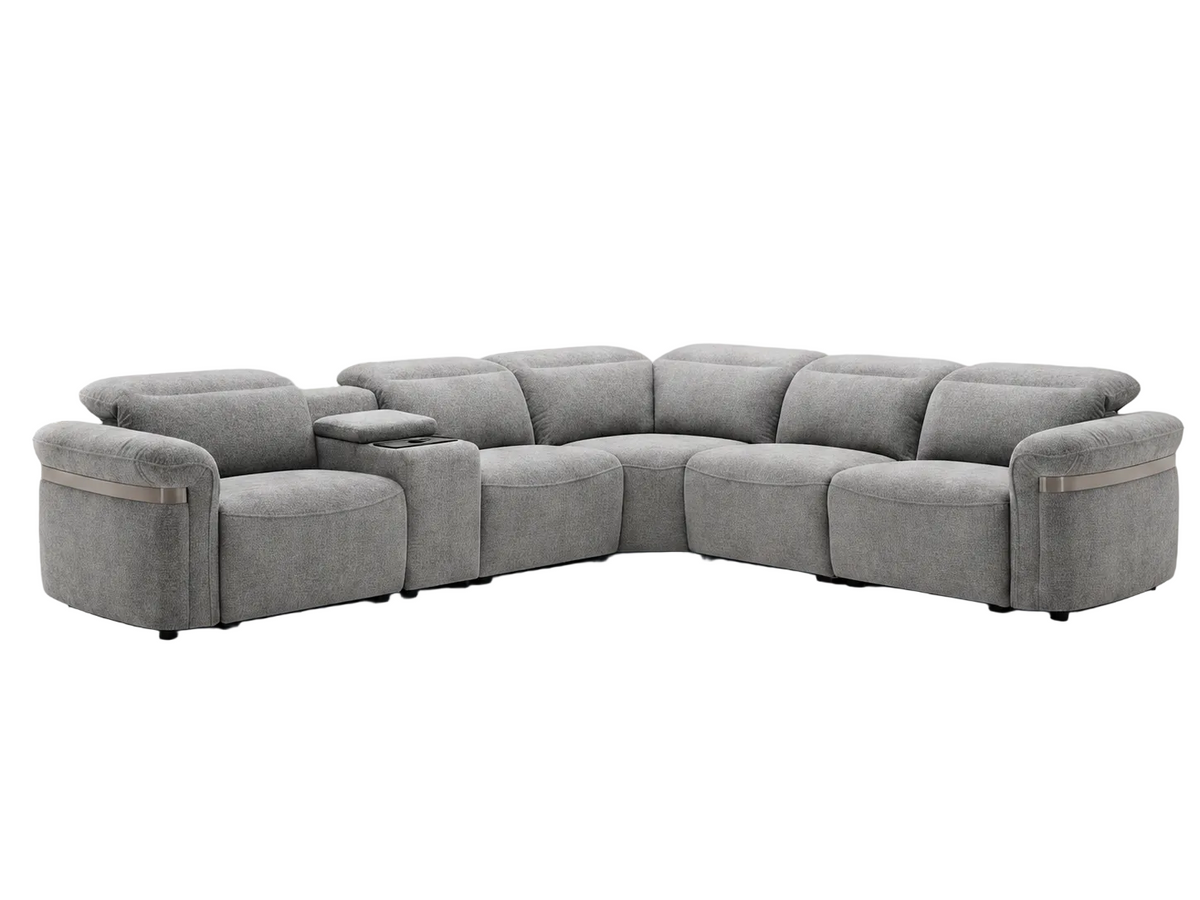Bicester grey large corner sofa with electric recliners on a white background