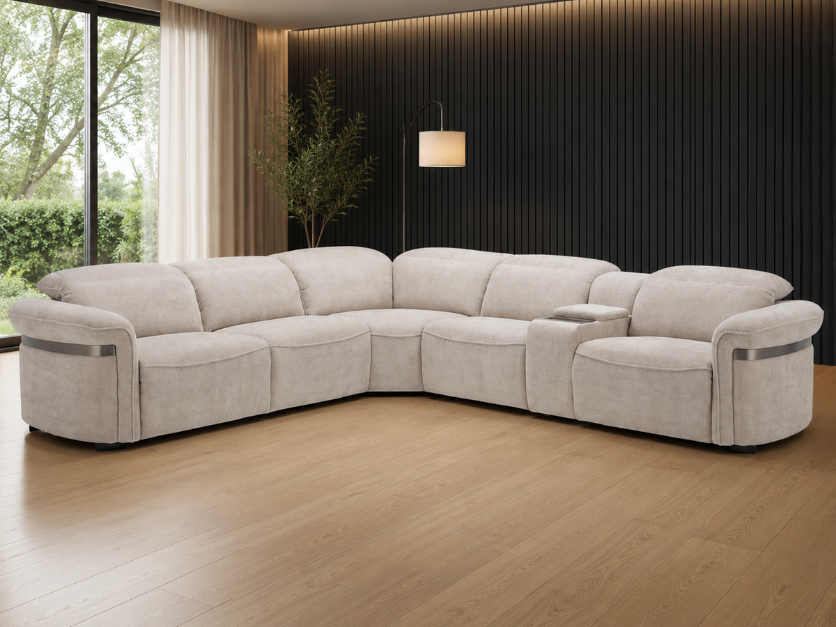 A large corner modular sectional sofa upholstered in light beige fabric, placed in a modern living room.