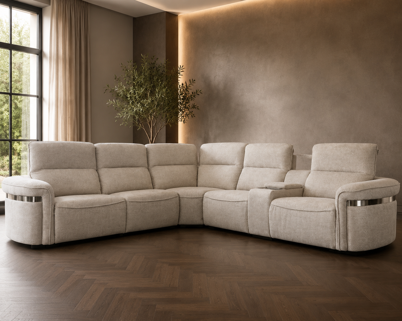 A large corner sectional sofa upholstered in light beige fabric, shown in a modern living room.
