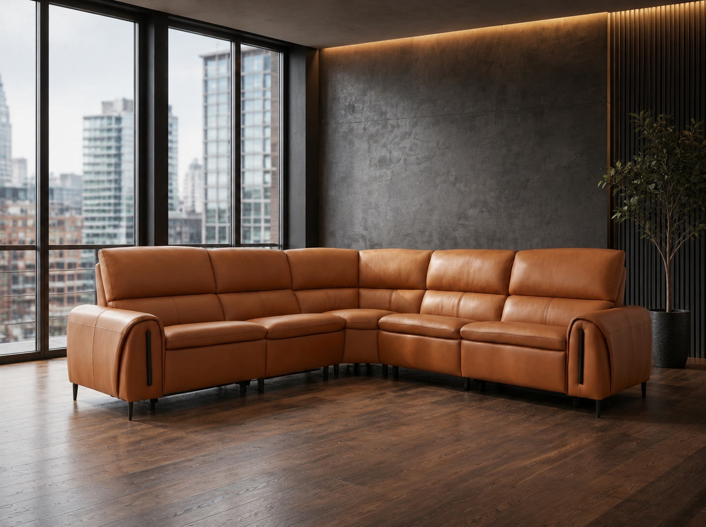 A modern L-shaped sectional sofa upholstered in warm tan leather, positioned in a contemporary room.