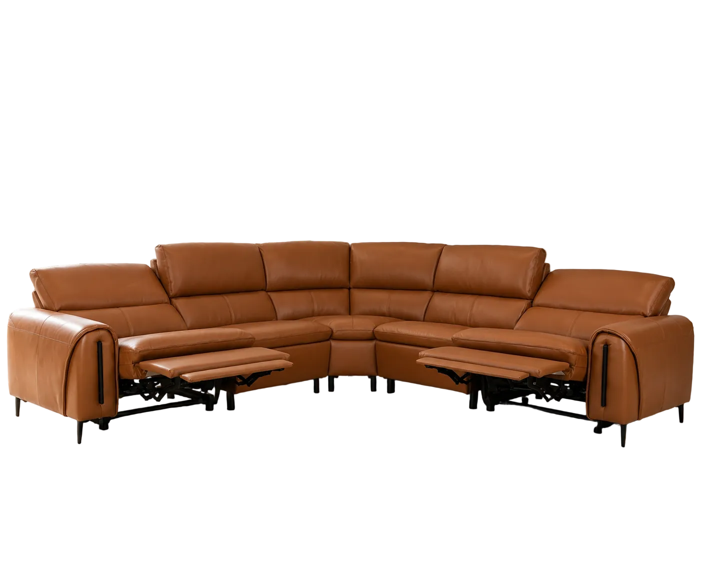 A brown leather sectional sofa with two chaise lounge sections extended, shown against a plain white background.