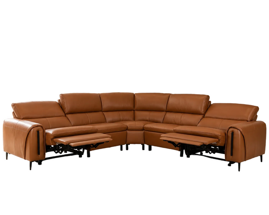 A brown leather sectional sofa with two chaise lounge sections extended, shown against a plain white background.