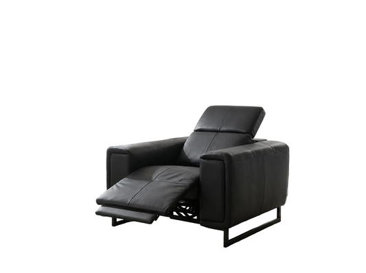 A black leather recliner armchair with the footrest extended, shown from a three-quarter angle against a solid white background.