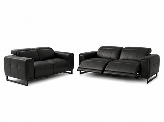 Richmond black electric recliner three-seater and two-seater sofa set on a white background.