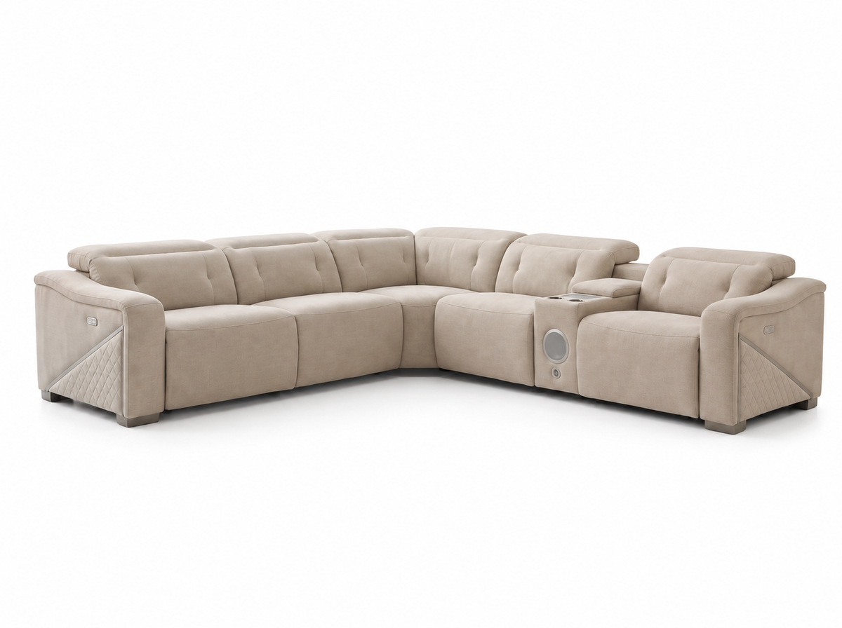 Ohio beige large corner sofa with dual electric recliners, powered adjustable headrests and quilted arm panels on a white background