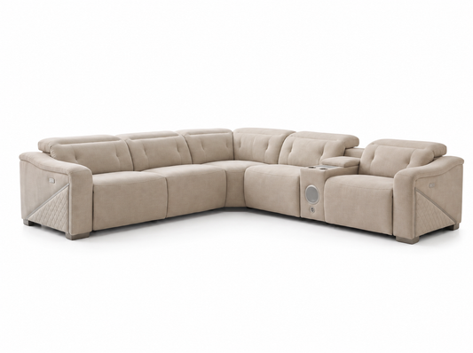 Ohio beige large corner sofa with dual electric recliners, powered adjustable headrests and quilted arm panels on a white background