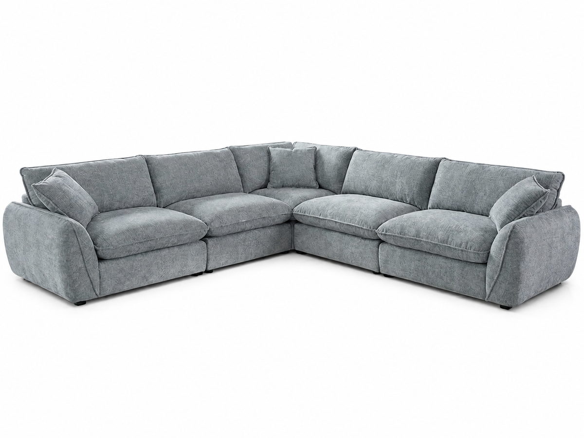 A light gray upholstered sectional sofa with a left-facing chaise lounge shown on a plain white background.